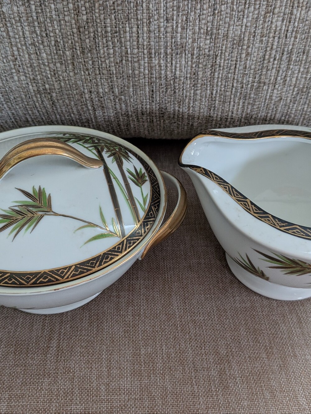 Japanese Porcelain Gold-Trim Pitcher & Sugar Bowl with Green Floral Design